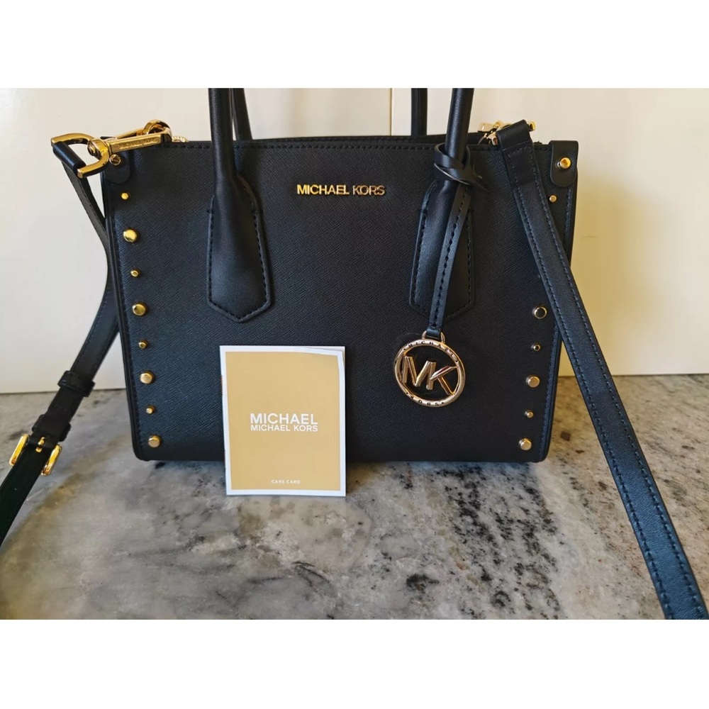 NWT Michael Kors Maple Small Studded Leather Black and Gold Satchel